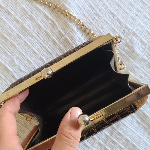 Crocodile and Suede Gold Chain Handbag - Picture 3 of 3